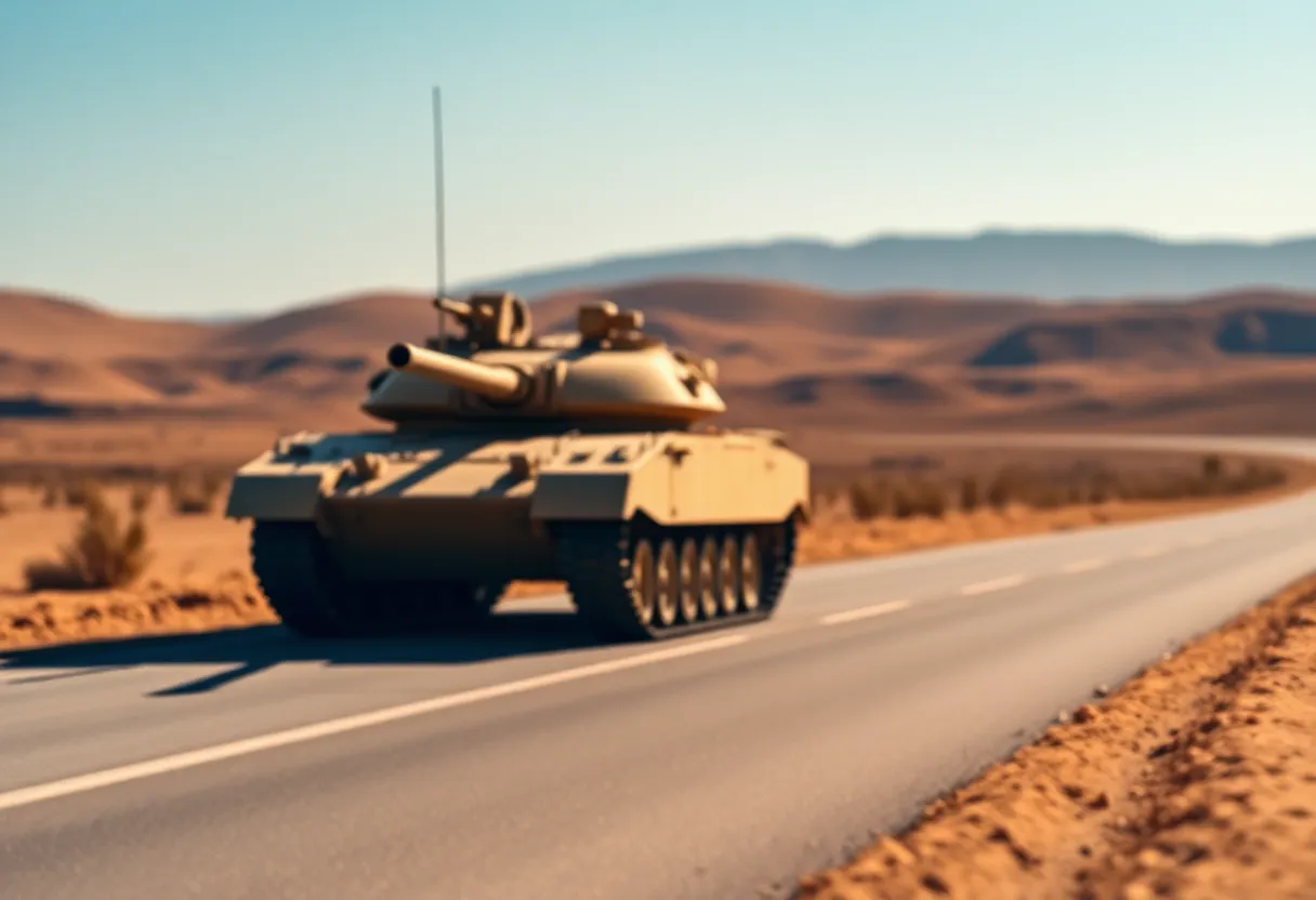 An armored vehicle is captured in a striking desert landscape under bright sunlight, emphasizing its ruggedness and military utility. Harsh lighting creates dramatic contrasts, highlighting the vehicle's surfaces and textures. The use of shallow depth of field draws attention to the tank against a beautifully blurred background, while the composition aligns with the rule of thirds, making it visually dynamic.