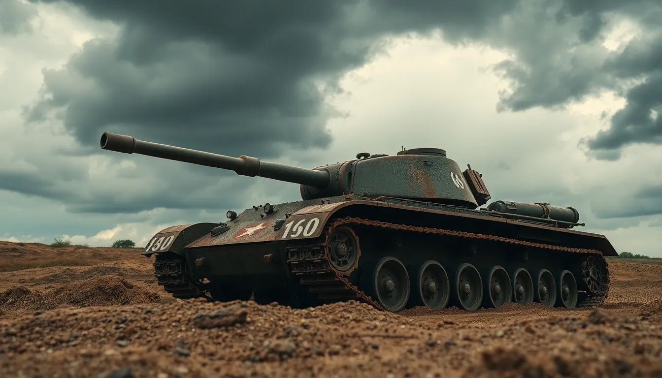 A powerful scene showcasing a military tank under a dramatic sunset. The tank, bathed in a warm teal and orange glow, stands prominently to the left, casting long shadows in the rugged terrain. The shallow depth of field beautifully blurs the dry grass in the background, while the texture of the tank's steel surface is highlighted in stunning detail. This imagery evokes a sense of strength and endurance in a desolate setting.