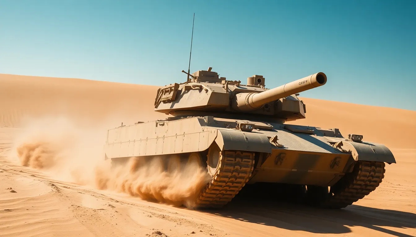 This striking image showcases a military tank navigating through a dusty desert terrain under the blazing sun. The sunlight reflects off the tank's rugged metallic surface, while the background fades into a soft blur of sand dunes. The warm beige and olive color palette adds to the atmosphere of resilience and power. Shot with a Canon EOS R5, the sharp details of the tank contrast beautifully against the vastness of the desert sky. This captivating scene emphasizes the strength and capability of armored vehicles in harsh environments.