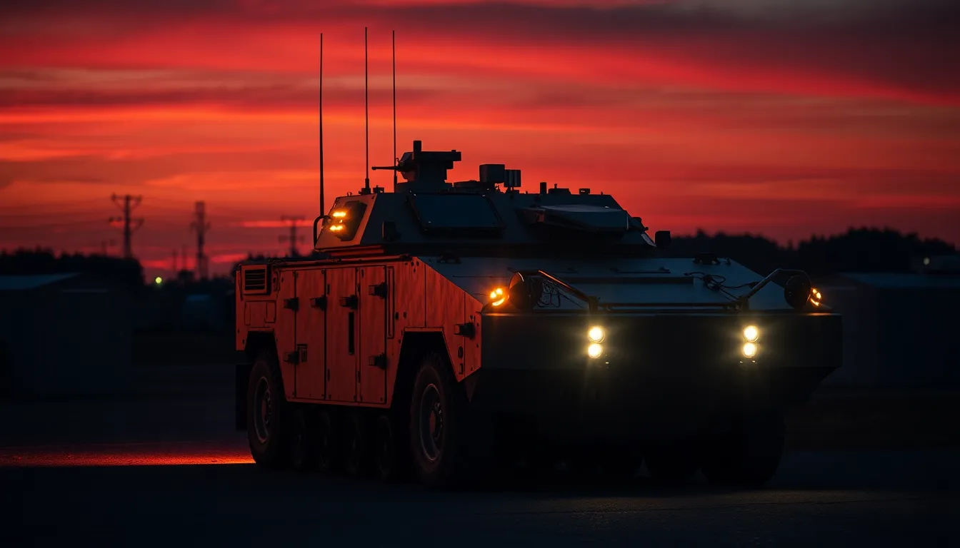This powerful image features an armored vehicle stationed at a military base during the enchanting twilight hours. The warm glow from the sunset bathes the tank in deep oranges and purples, creating a stark contrast with the silhouetted buildings behind it. Shot with a Nikon Z9, the meticulous details of the vehicle stand out against the vibrant sky. The sharpness from foreground to background captures the essence of military preparedness, while the composition enhances the focus on the armored vehicle, eliciting a sense of pride and protection.