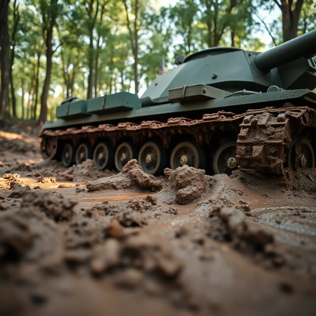 A close-up view of tank tracks sunk into muddy terrain reveals the intricate details of both the military vehicle and its environment. Soft light filters through the surrounding trees, gently illuminating the mud and accentuating the tank's powerful imprints. The desaturated earth tones in this textured scene highlight the ruggedness of military maneuvers, offering a vivid portrayal of the intersection between machinery and nature. This image conveys a sense of strength and the messiness of real-world operations.