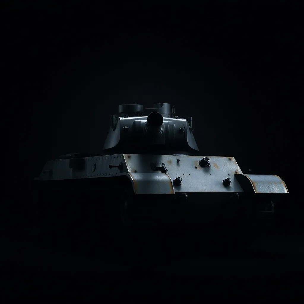 This studio portrait captures a military tank in a dramatically lit setting. The striking studio lighting creates deep shadows that emphasize the rugged metal texture of the tank. With a shallow depth of field, the focus is on the intricate details and design of the vehicle, set against a moody dark backdrop. The composition highlights its strength and craftsmanship.