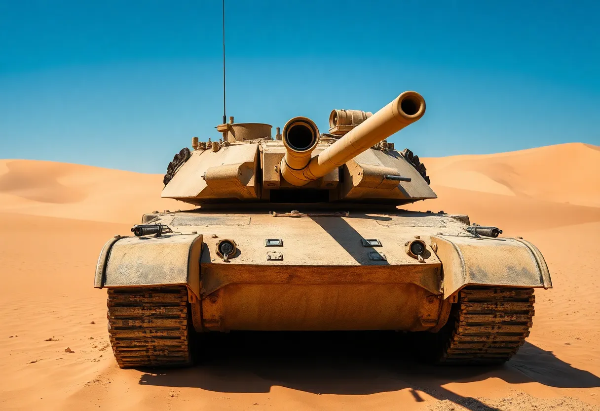 Against the backdrop of a vast desert landscape, a tank stands resilient, showcasing its weathered exterior beneath a clear blue sky. The strong daylight highlights the tank’s dusty surface, emphasizing the harsh conditions it has endured. The composition draws the eye through the undulating sands, leading to the tank, which serves as a powerful focal point. This striking image captures the stark beauty of military machinery in nature, symbolizing strength and endurance.