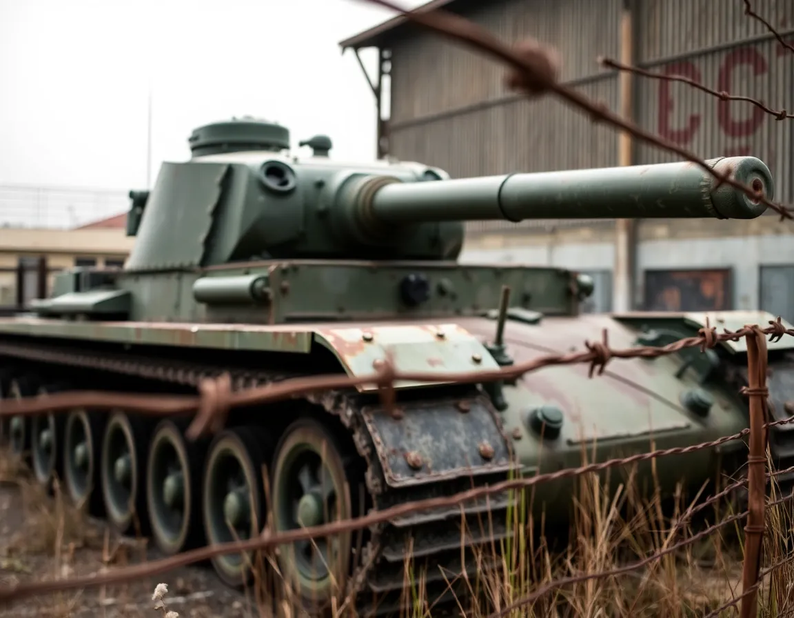 Nestled within the shadows of an abandoned factory, a military tank sits quietly, its riveted surface detailed against the soft, diffused daylight. The composition utilizes a rusty barbed wire fence to frame the tank, enhancing the sense of decay and neglect in the environment. The muted tones reflect the somber atmosphere, while shallow depth of field highlights the tank's unique textures and aging materials.