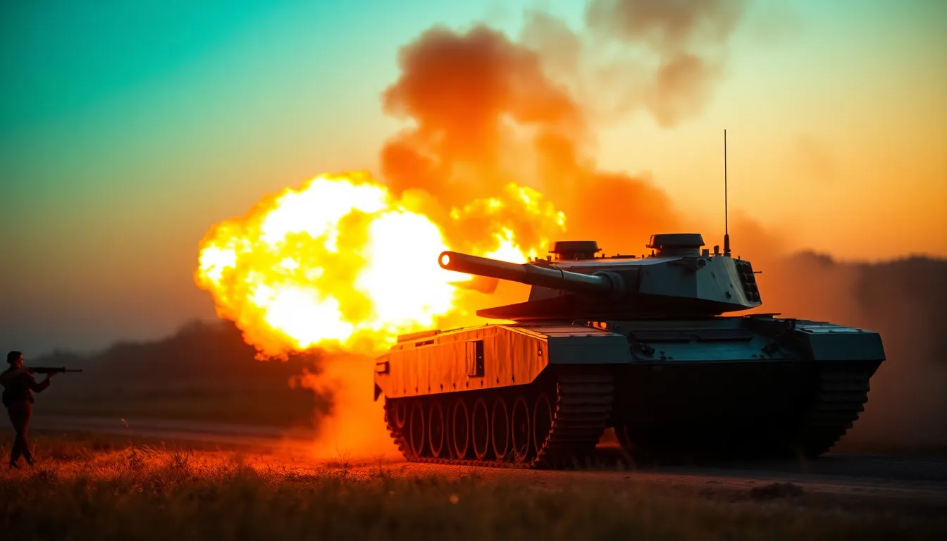 In a thrilling moment, a tank fires its weapon during an intense military exercise, captured at sunset. The explosion lights up the scene with vibrant oranges and golden hues, contrasting with the cool blues of the surrounding smoke. This dynamic composition, with a Dutch angle, creates an energetic feel that pulls viewers in, while the focus on the tank's powerful form highlights the majesty of military might. The atmospheric effects of smoke and light enhance the overall drama of the image.