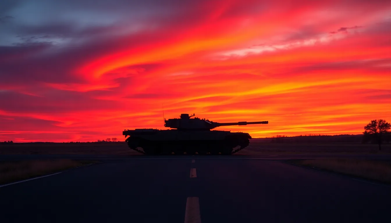 A powerful military tank rests on the horizon, silhouetted against a stunning sunset filled with deep oranges and purples. The telephoto capture ensures that the entire scene remains sharp, drawing attention to every detail of the tank as well as the vivid sky. Leading lines from the road draw the viewer’s eye toward the tank, elevating its commanding presence amidst the colorful backdrop of twilight.