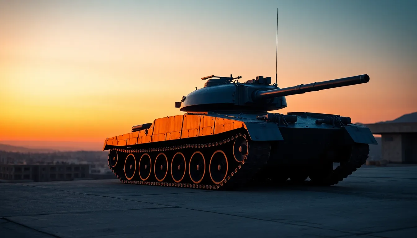 This captivating image presents a military tank stationed on a concrete platform at sunset, overlooking a sprawling base. The soft twilight casts golden hues on the tank, enhancing its sleek design. Butterfly lighting provides exquisite detail to the metallic surface, while the rich orange and deep blue color palette creates a cinematic atmosphere. The thoughtful composition positions the tank off-center, allowing viewers to appreciate both its power and the military base in the expansive background.