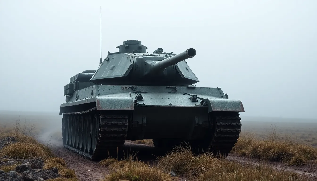 A solitary armored tank sits prominently in a fog-laden landscape, showcasing its rugged design against a backdrop of muted earth tones. The overcast lighting creates an atmospheric haze, emphasizing the tank's form while softening the surrounding terrain. This scene captures a moment of stillness, evoking a sense of solitude within a military context. The subtle textures of the weathered metal enhance the realism of the capture.