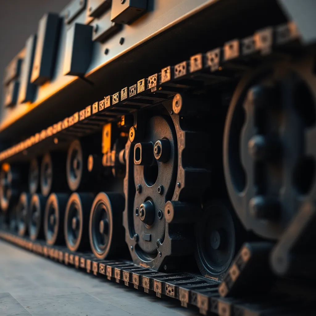 A highly detailed close-up of an armored tank's track assembly reveals the intricate engineering behind military vehicles. Studio lighting enhances the textures and shadows, showcasing the tank's robust design. The deep gray and metallic tones convey a sense of power and durability, while the macro perspective immerses the viewer in the technical details. This image speaks to the artistry of military machinery.