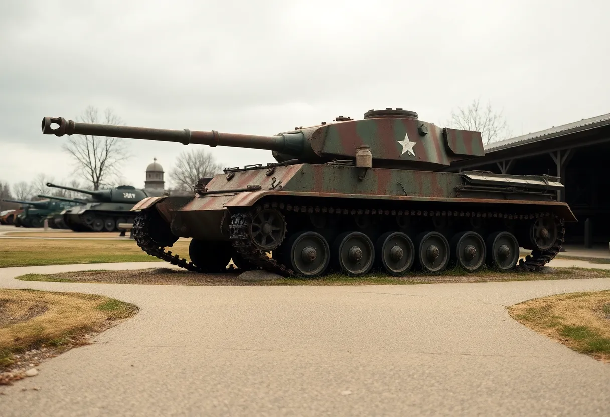 A historical WWII tank stands prominently in a military museum, surrounded by an open-air exhibition. The overcast lighting adds a soft, diffused quality, enhancing the textures of the rusted metal surface. The entire scene is in sharp focus, providing a clear view of the tank's intricate details, while the muted earth tones create a somber yet respectful atmosphere. This image captures the essence of military history and nostalgia.