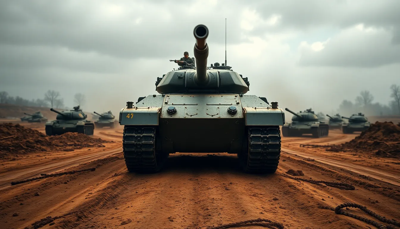 This image captures a tank looming in an overcast battlefield, perfectly set in a symmetrical composition. The natural muted tones create a somber atmosphere, while the hyperfocal depth of field ensures the tank and terrain are all in crisp focus. The close-up view reveals intricate details, such as mud and scratches on the armored surface, conveying the harsh realities of war.
