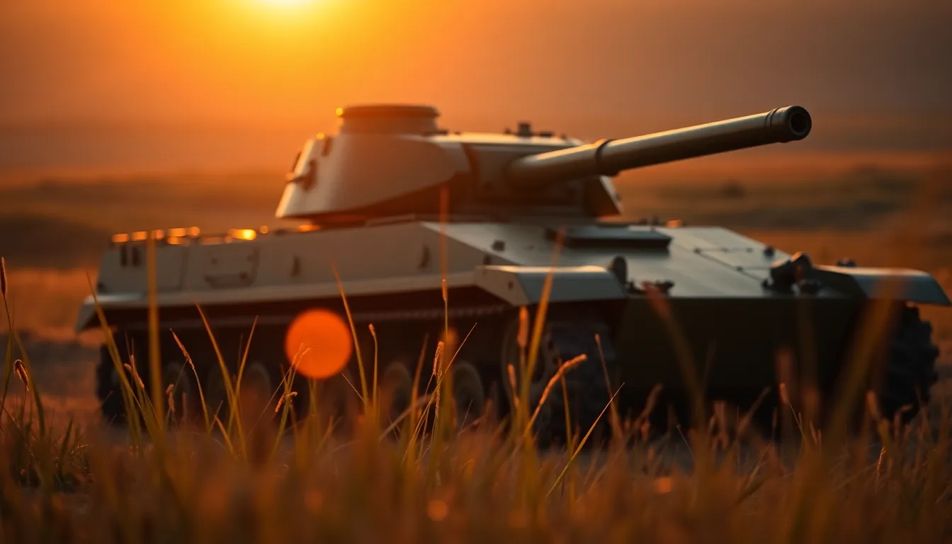 Bathed in the warm hues of sunset, a military tank rests prominently in a field of grass. The golden hour backlighting creates a stunning rim light around the tank, enhancing its rugged features and casting a warm glow over the scene. The foreground grass, softly blurred, leads the viewer's eye toward the armored vehicle, expertly highlighted against the fading light. This photograph captures a serene yet powerful moment in a battlefield setting, showcasing the beauty of militaristic machinery amid nature.