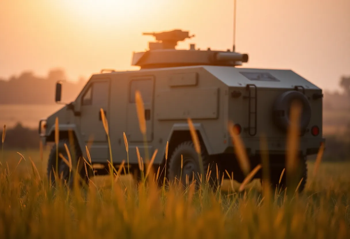An armored vehicle is beautifully illuminated during golden hour, showcasing its intricate details and robust design. The warm backlighting highlights the contours of the vehicle while the surrounding tall grass adds a natural frame. With a shallow depth of field, the background melts into a soft bokeh, drawing attention to the vehicle itself. The warm color palette reminiscent of Kodak Portra 400 enhances the inviting atmosphere, evoking a sense of calm within a military context.