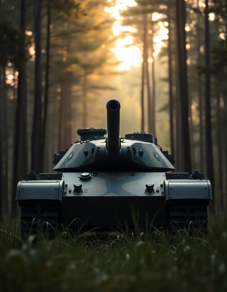 In a serene forest at dawn, a camouflaged military tank subtly integrates into its surroundings. Soft ambient light filters through the trees, creating a mystical atmosphere filled with natural muted colors. The focus on the turret reveals intricate details of the tank's surface, while the lush greenery dissolves into soft bokeh. The composition is centered, evoking a sense of harmony between the man-made vehicle and nature.
