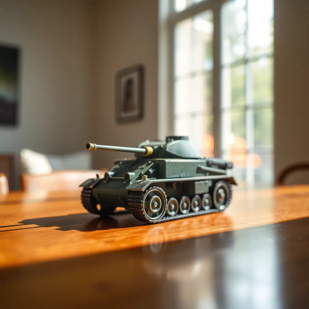 A beautifully crafted model of an armored vehicle is displayed on a polished wooden table, showcasing its stunning details. Soft daylight streaming through a large window accentuates the fine textures of the model, while a shallow depth of field draws focus to its vivid paintwork. Rich, saturated colors bring life to the model, evoking excitement and craftsmanship. Reflections on the wooden surface add a layer of sophistication, creating an inviting atmosphere for collectors and enthusiasts alike.