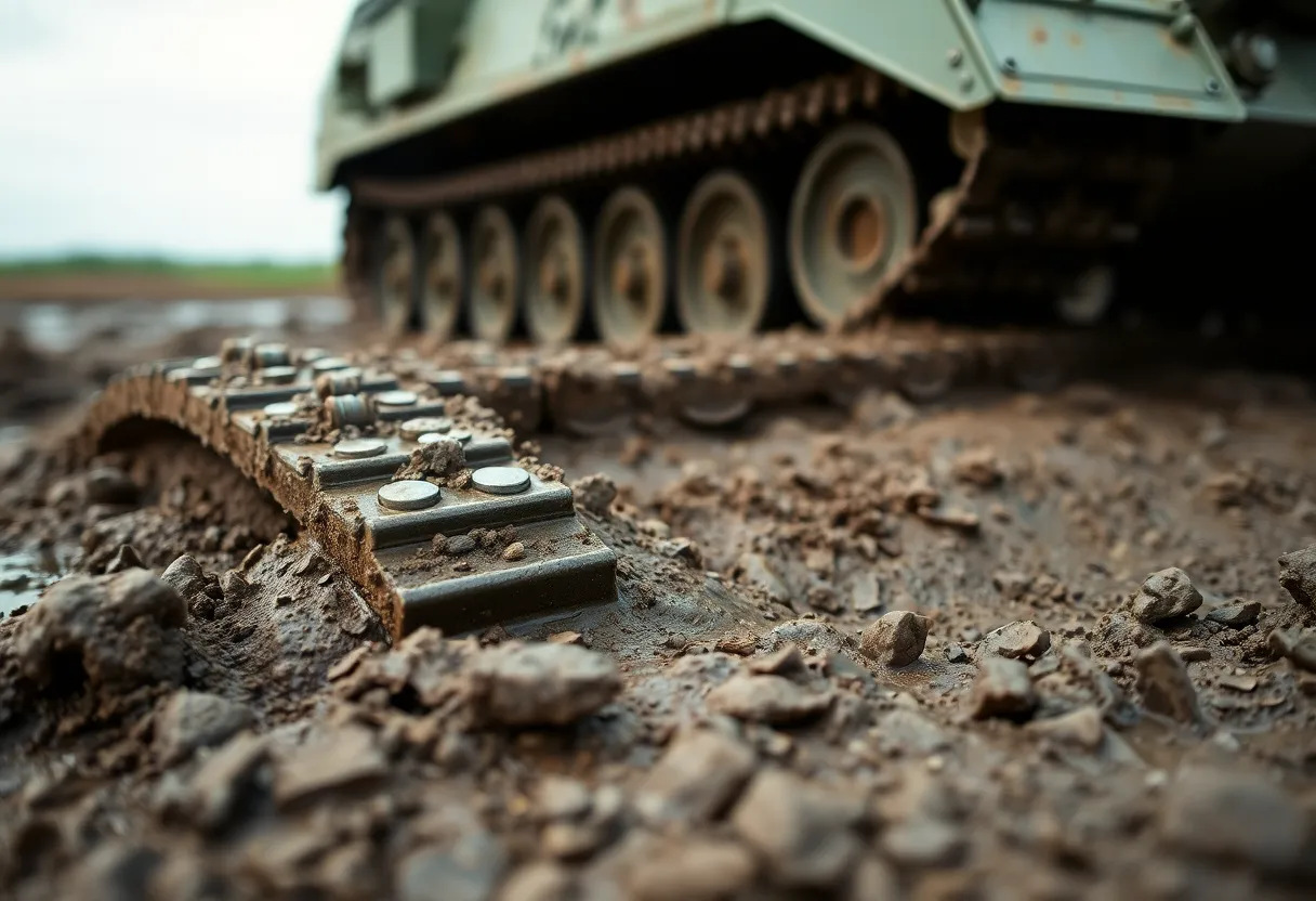 This detailed image reveals the muddy terrain marked by a military tank's tracks after recent rainfall. Captured with diffused daylight, the even illumination showcases the reflective surfaces of the mud and the tank's gritty textures. The muted color palette echoes the overcast sky, enhancing the natural ambiance of the scene. The shallow depth of field draws attention to the tank's tracks, guiding the viewer's gaze through the layered environment.