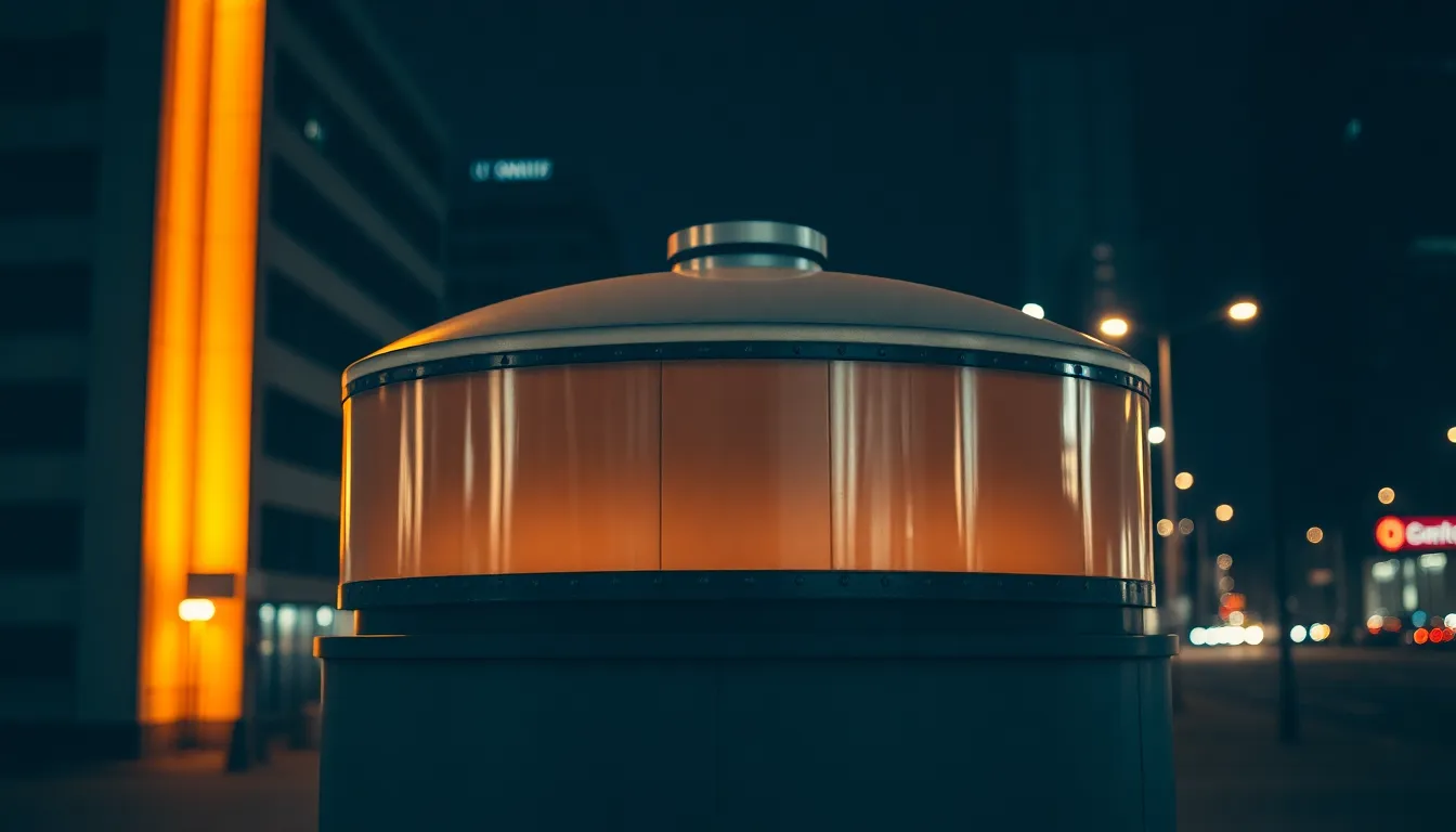 A captivating image of a military tank illuminated by warm tungsten light in an urban setting at dusk. The contrast of the tank’s metallic surface against the evening city lights creates a striking visual. Centered and symmetrical, the tank commands attention amidst a soft bokeh background. This photograph evokes feelings of strength and resilience, set against the backdrop of a lively cityscape.