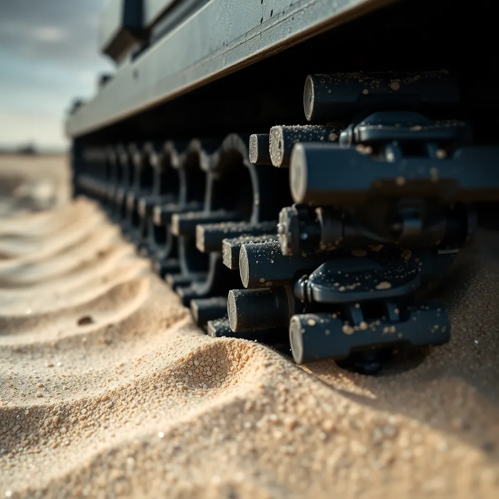 A stunning macro shot highlights the intricate details of a tank's tracks resting in sandy terrain, adorned with glistening morning dew droplets. The soft light accentuates the textures of both the rugged metal and the fine sand grains, creating a harmonious blend of nature and machinery. The sharp focus brings clarity to every detail, capturing the essence of military engineering in a serene setting. This image emphasizes the relationship between the tank and its environment, inviting viewers to appreciate the beauty in ruggedness.