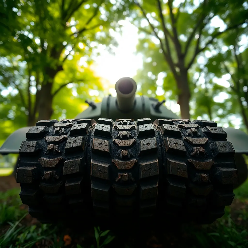 This stunning macro shot captures the intricate details of a military tank's tread, surrounded by lush greenery and soft natural light. The gentle illumination creates a tranquil, serene atmosphere, contrasting with the rugged machinery. A hyperfocal depth allows every detail of the tread to remain sharp, while the surrounding foliage melts into a soft bokeh. The muted color palette enhances the natural elements present, and the symmetrical composition beautifully highlights the tank's strength.