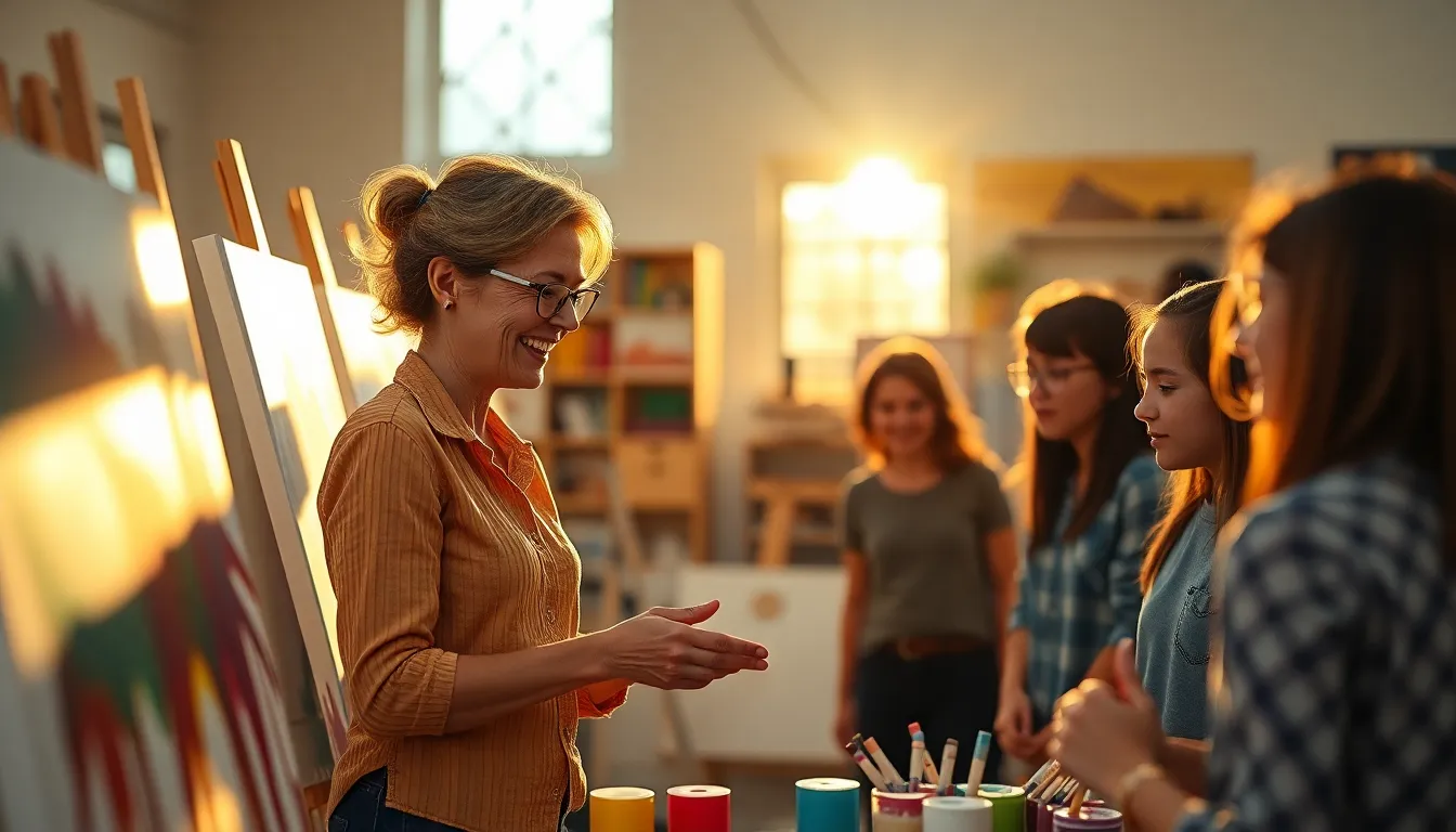 Art Teacher Inspiring Students in Sunlit Studio