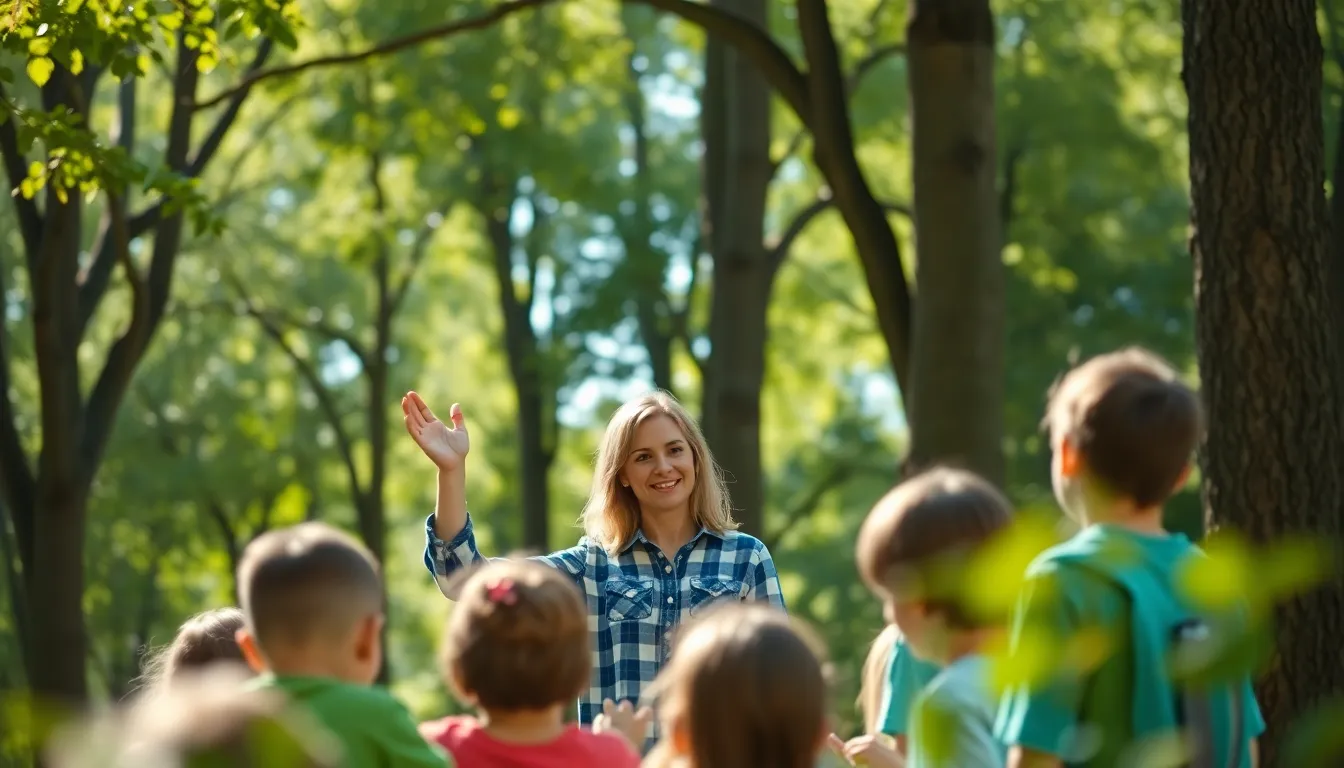 Outdoor Class with Teacher Engaging Students in Nature