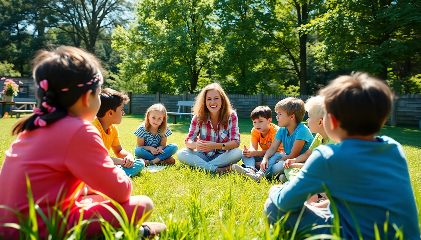 Outdoor Classroom Learning Experience This lively image captures a group of students deeply engaged in discussion under a sunny sky, led by their teacher in a vibrant outdoor classroom. The bright sunlight creates a cheerful setting that fosters interactive learning. The colorful clothing of the students juxtaposed with the green grass enhances the dynamic atmosphere. The arrangement of students in a circle highlights inclusivity and collaboration, making this a powerful depiction of modern educational practices.