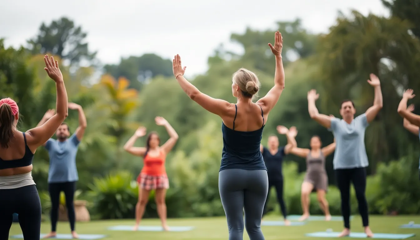 Yoga Instructor Leading Class in Serene Outdoor Setting