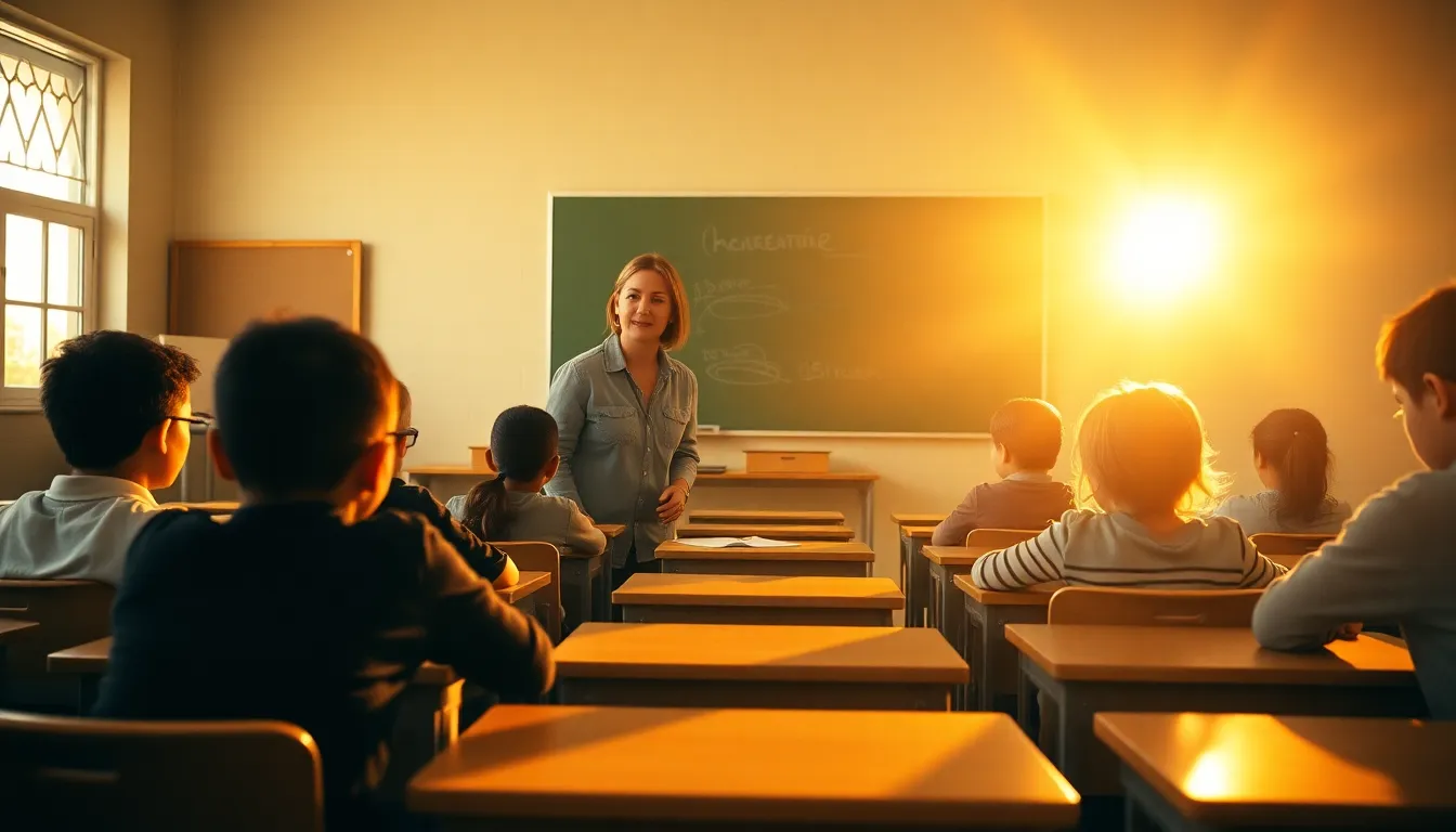 Engaging Teacher With Students in Classroom A lively scene featuring a teacher engaging with enthusiastic students in a bright classroom during golden hour. The warm sunlight creates a welcoming atmosphere, highlighting the teacher's smile and the eager expressions of the students. The background features natural wooden desks and a chalkboard, all rendered in warm Kodak Portra tones, creating an inviting and educational mood.