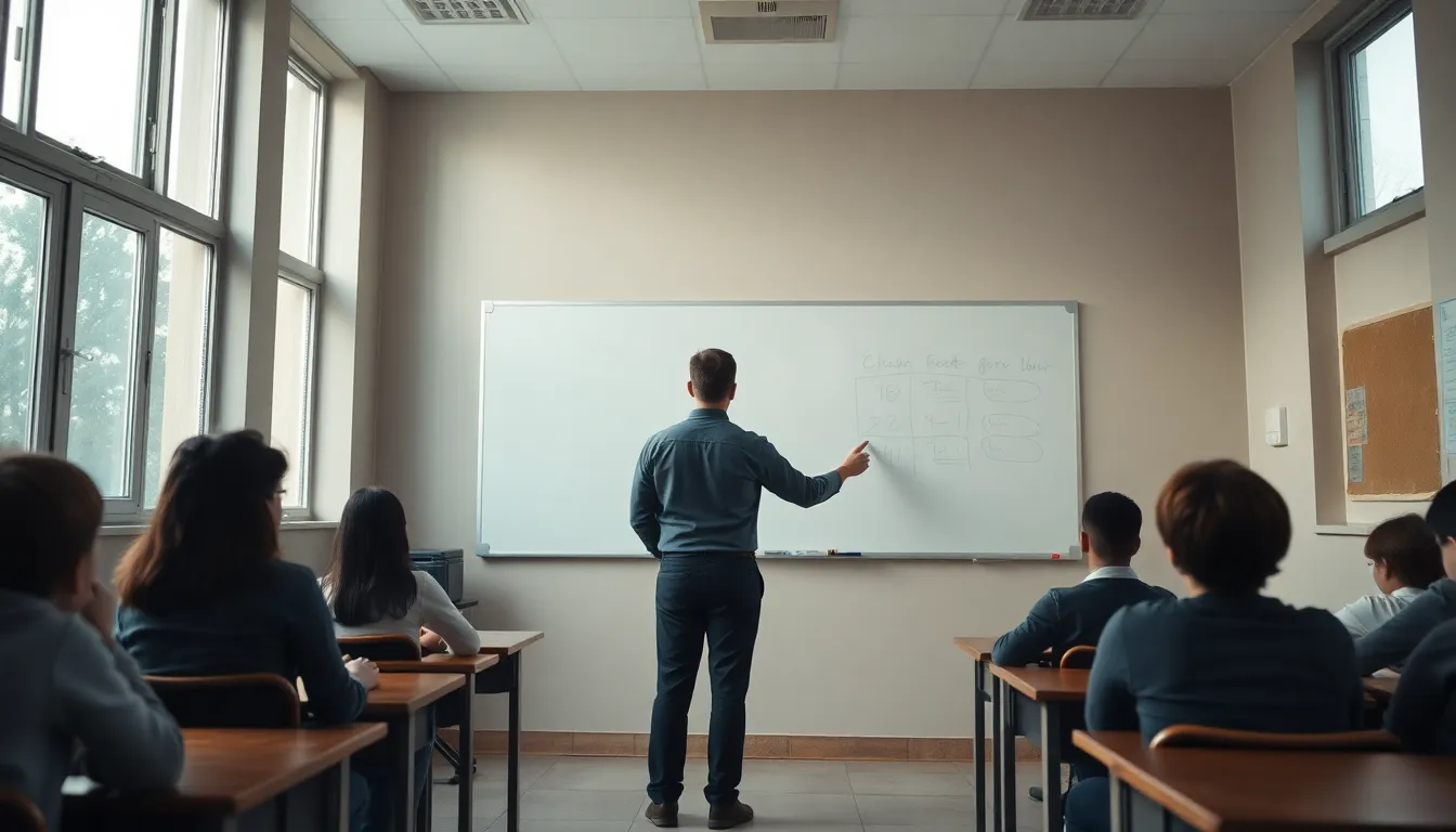 Teacher Explaining at Whiteboard In a bright classroom illuminated by diffused daylight, a teacher stands confidently at a whiteboard, explaining complex concepts to her students. The atmosphere is calm and focused, with natural muted tones enriching the educational environment. The symmetry of the scene draws attention to her engaging presentation style. Chalk dust floating in the light adds a nostalgic touch, embodying the essence of learning.