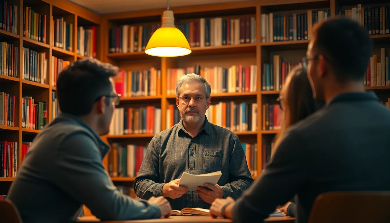 Dynamic Teacher in Cozy Library Setting