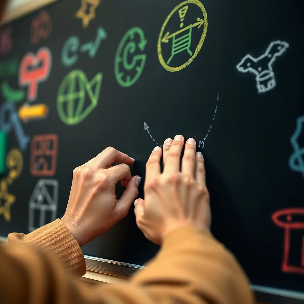 Teacher Writing on Blackboard with Colorful Chalk