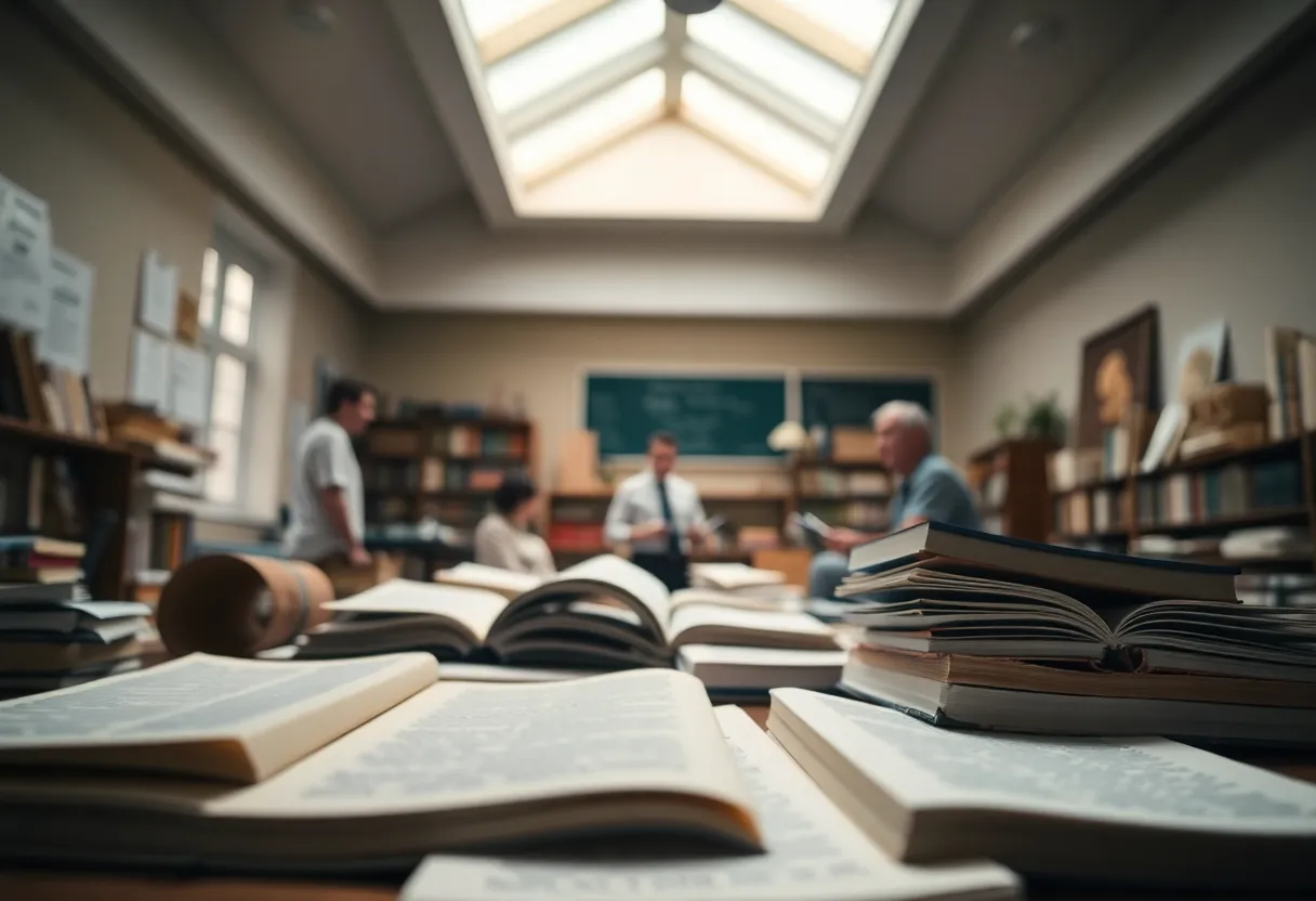 Dynamic Teacher Engaged in Teaching In a creative and dynamic classroom, a teacher is seen animatedly explaining a concept, captured at a Dutch angle to evoke energy. The overhead skylight provides soft, natural light that enhances the muted colors and textures of the surrounding books and papers. The meticulous detail is highlighted, from the teacher's thoughtful expression to the well-worn surfaces of the resources, drawing viewers into an engaging educational moment.