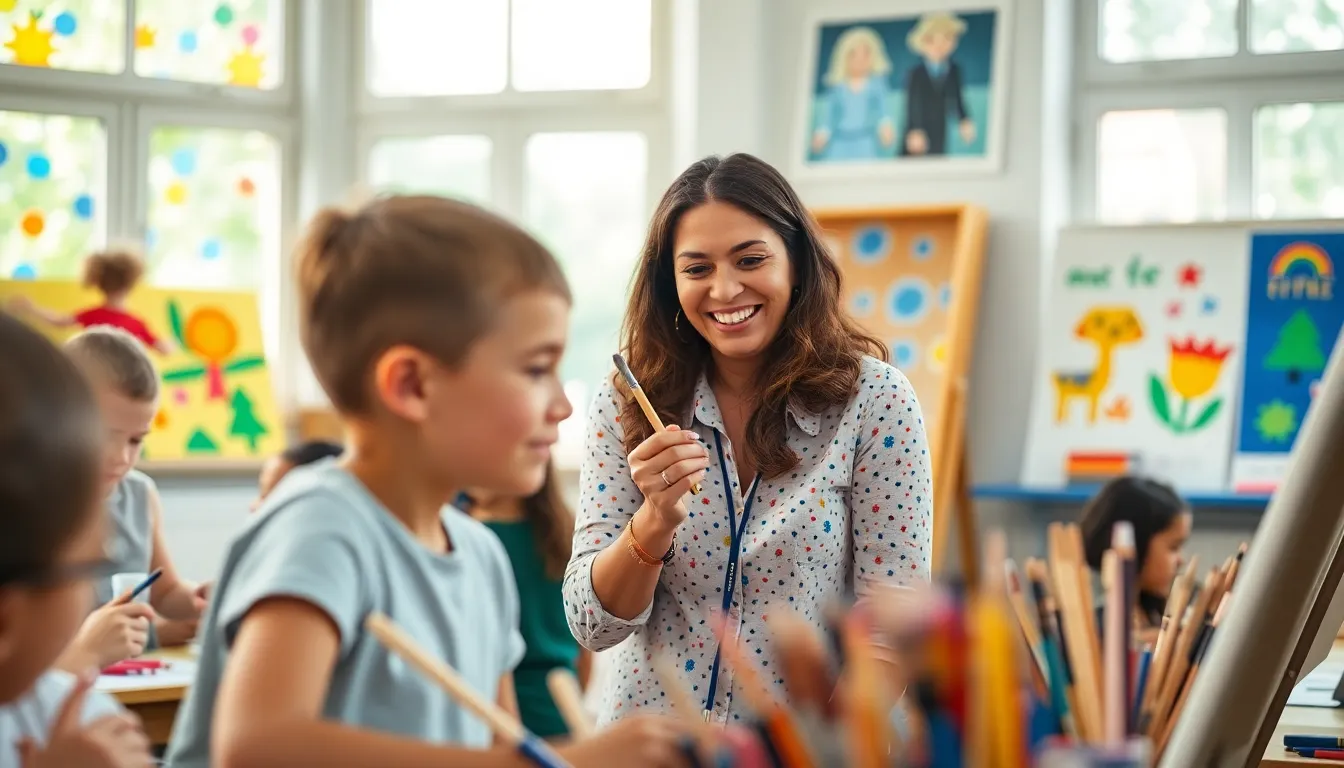 Creative Art Classroom with Teacher and Students