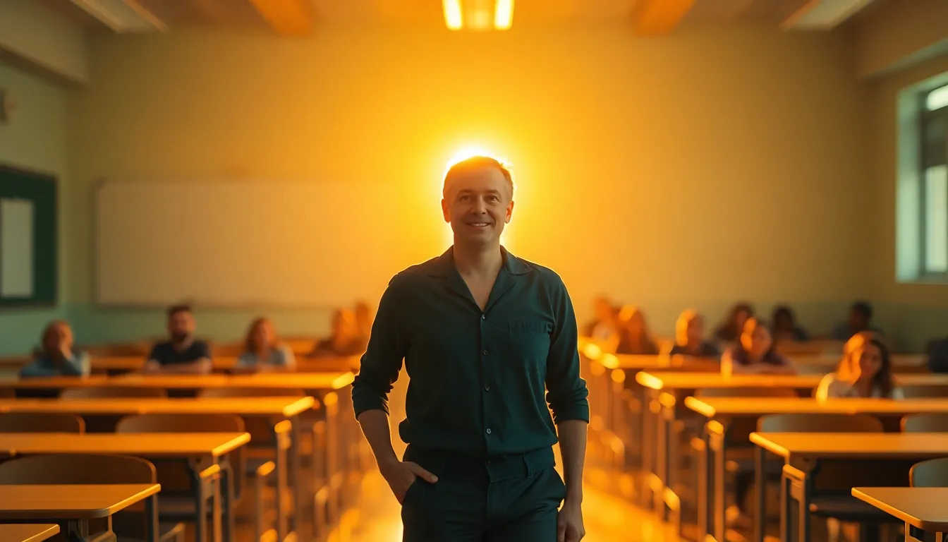 Inspirational Teacher with Students A passionate teacher is captured during golden hour, standing in front of her class, illuminated by warm backlighting. The halo effect enhances her inspiring presence, while the shallow depth of field softens the background, leaving her as the focal point. Rows of desks create leading lines, drawing the eye toward her as she interacts with her students. The cinematic color grading adds vibrancy and energy to the scene.