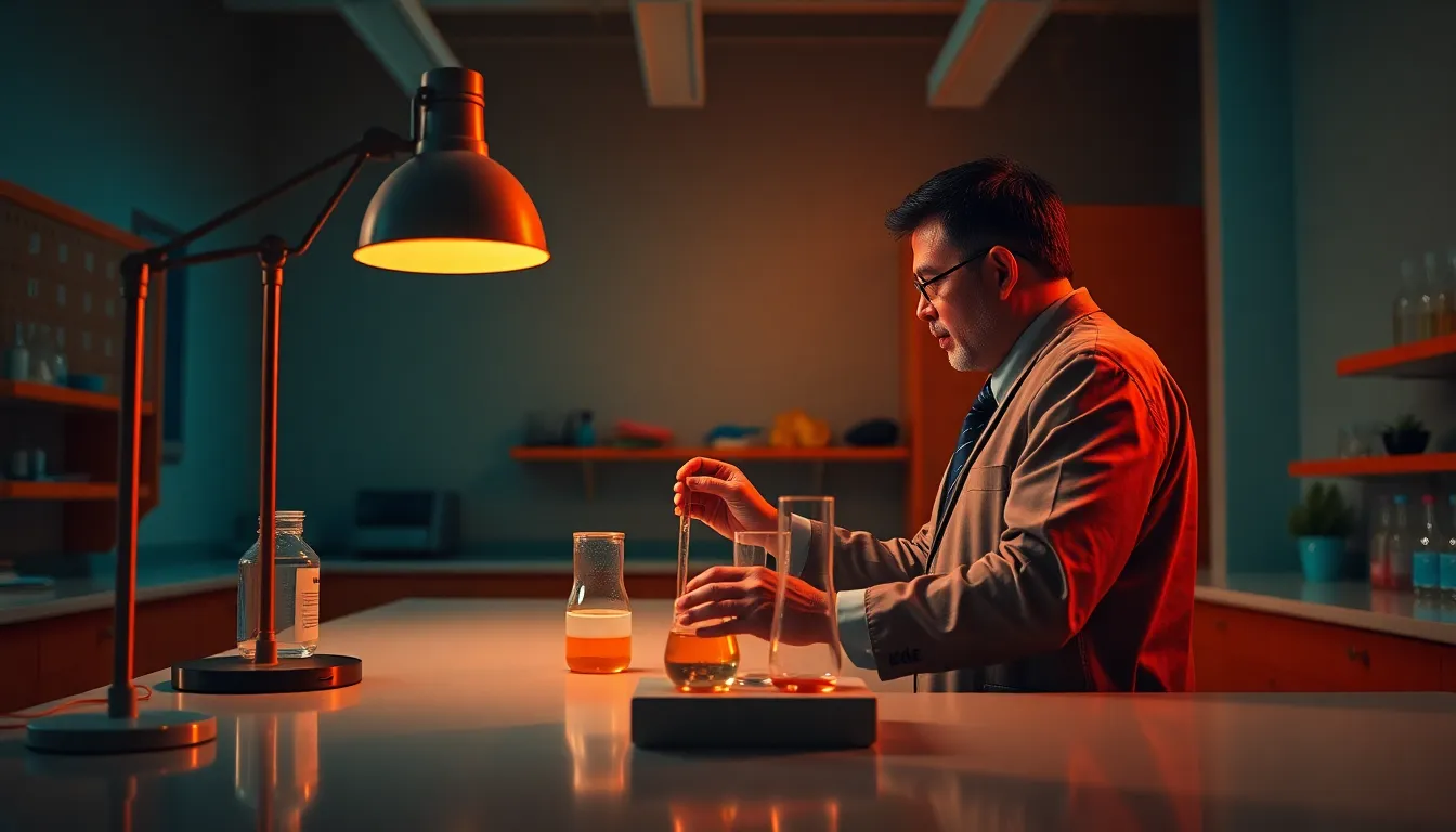 Science Teacher Demonstrating Experiment in Lab A dynamic scene captures a science teacher energetically demonstrating an experiment in a well-equipped laboratory. The warm light from a desk lamp contrasts strikingly with the teal and orange tones of the room, creating a vibrant atmosphere. The composition emphasizes leading lines that draw the viewer's gaze directly to the teacher, who is animatedly explaining the process amidst an array of scientific materials laid out on sleek countertops.