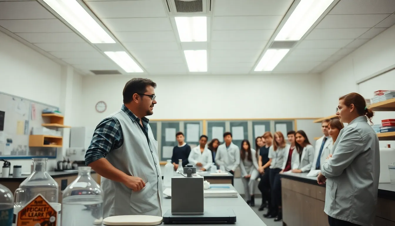 Science Teacher Demonstrating Experiment in Classroom A dedicated high school science teacher actively demonstrates an experiment in an equipped lab, captivating the attention of the students around her. Bright fluorescent lighting ensures a clear view of all materials, while the teacher's enthusiasm shines through. The image’s natural muted tones complement the textures of lab equipment, creating a professional educational environment. The composition thoughtfully places the teacher and students in a dynamic layout, emphasizing participation and engagement.