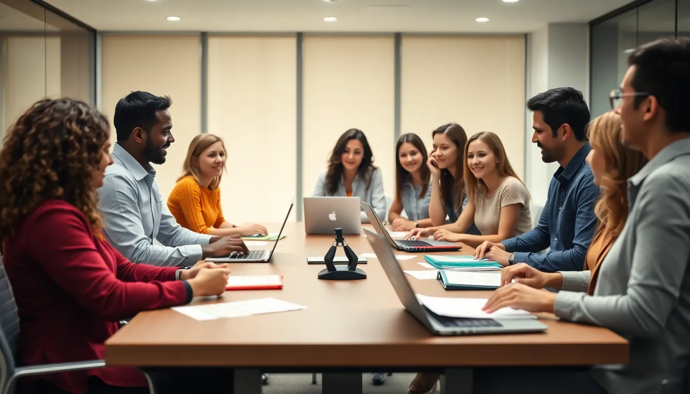 A diverse group of teachers actively discusses educational strategies at a sleek conference table, their laptops and documents in front of them. The scene is evenly lit by soft overcast daylight, fostering a collaborative environment. Each teacher’s focused expression is highlighted by the creamy bokeh in the background, creating an intimate atmosphere for brainstorming. The symmetry of the composition evokes professionalism and teamwork.