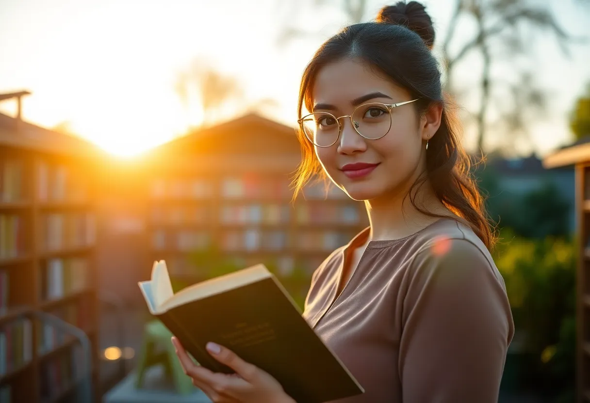 Teacher Reading in Outdoor Library