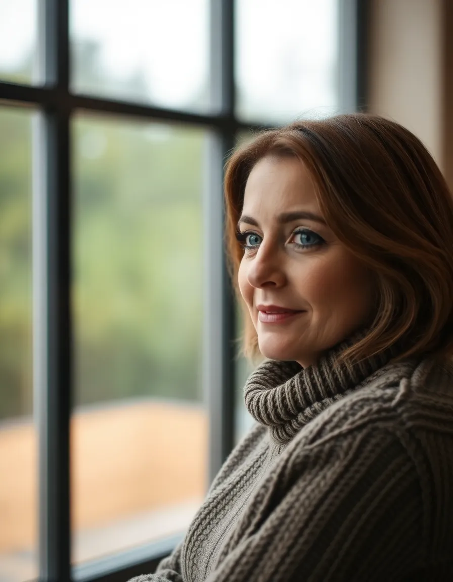 Teacher in Thoughtful Pose By Window An introspective teacher gazes out of a large window, deep in thought. Soft, diffused daylight pours in from the overcast sky, creating a serene mood. The muted colors harmonize beautifully, accentuating the cozy texture of the teacher's sweater and their contemplative expression. The focus on their eyes invites viewers into the reflective moment.
