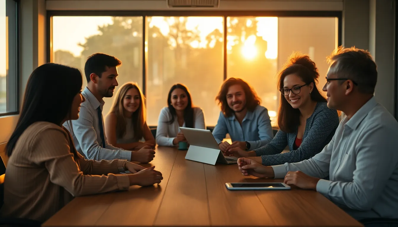 Diverse Team Collaborating at Conference Table This image showcases a diverse group of professionals engaged in a collaborative discussion at a modern conference table during golden hour. The warm backlighting creates a dynamic atmosphere, highlighting their expressions of focus and determination. The textures of the polished wooden table and their fabric attire add depth to the scene, embodying the essence of teamwork in a contemporary business setting.