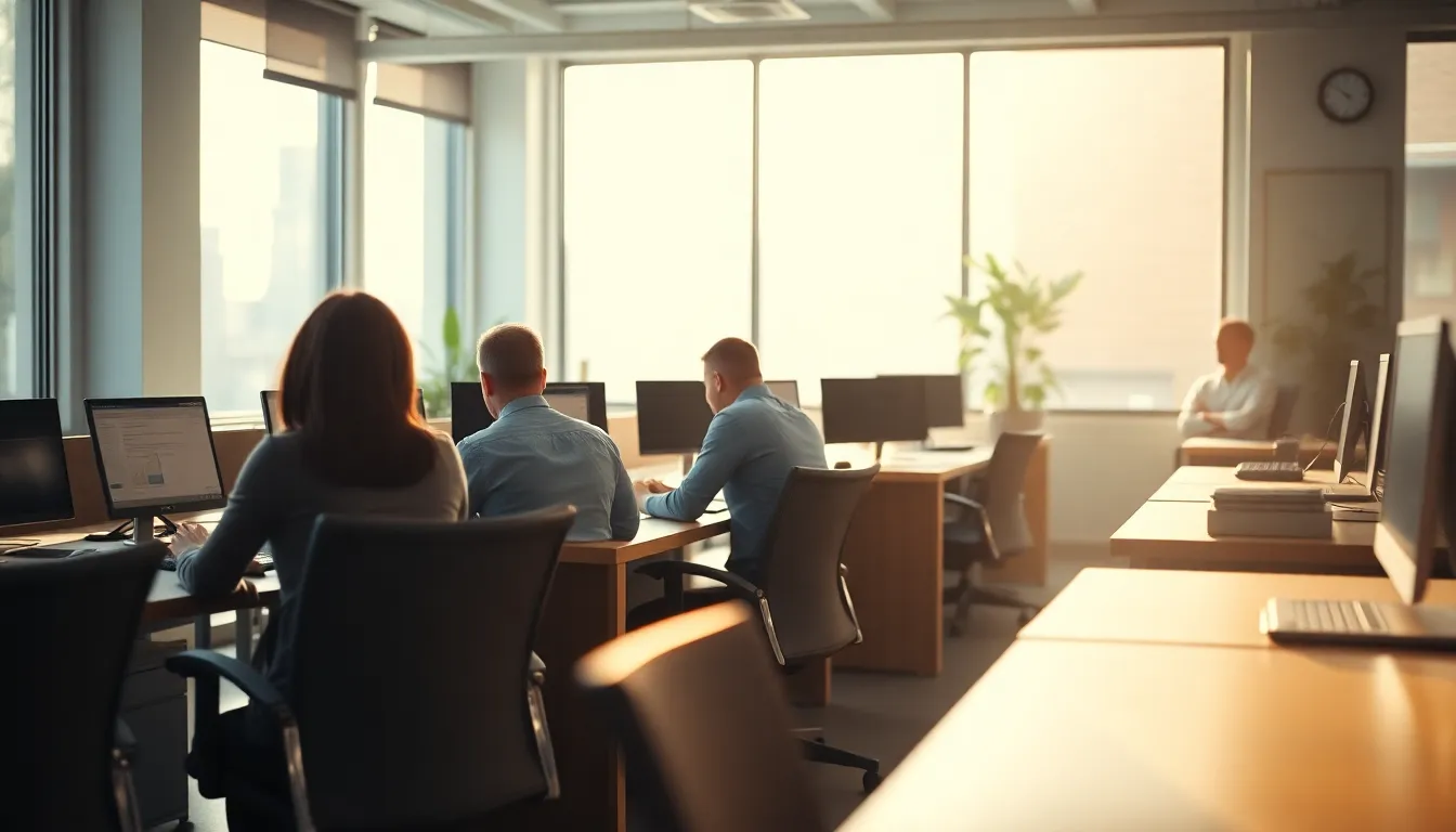 This image captures a vibrant teamwork scene in a contemporary office environment. A diverse group of professionals, focused and engaged, collaborate around a sleek, wooden table. Soft daylight pours in through large windows, enhancing the warm, earthy tones of their surroundings. The shallow depth of field draws attention to the lively interaction, while the textures of the workspace add depth to the composition.
