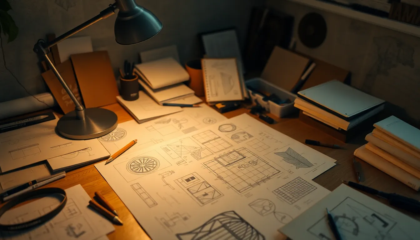 Creative Team Workspace with Designs This vibrant image showcases a creative team’s workspace, complete with detailed sketches and collaborative designs under warm tungsten lighting. The soft focus on the intricate design elements invites engagement, while the earthy palette reflects creativity and focus. The arrangement of materials utilizes leading lines, enhancing the visual flow throughout the scene. It captures the essence of teamwork and innovation in a creative environment.