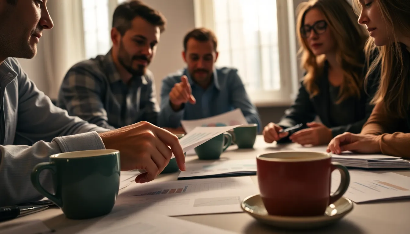 This intimate close-up scene showcases a diverse team engaged in a planning session, surrounded by documents and steaming coffee cups. The soft studio lighting creates a welcoming mood, while shallow focus emphasizes the effort and concentration of their collaboration. The textures of paper and ceramic add richness to the image, showcasing the tactile elements of teamwork. This visual encapsulates the essence of thoughtful planning in a collaborative environment.