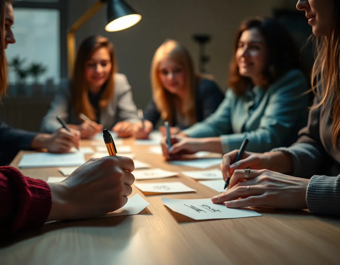 Close-Up of Team Brainstorming with Sticky Notes This close-up image depicts an engaged team brainstorming ideas, with colorful sticky notes scattered on a modern desk. The warm tungsten lighting casts a cozy atmosphere, ideal for creativity. Focused on the hands and notes, the photograph highlights the collaborative process, showcasing the creativity and thoughtfulness inherent in teamwork.