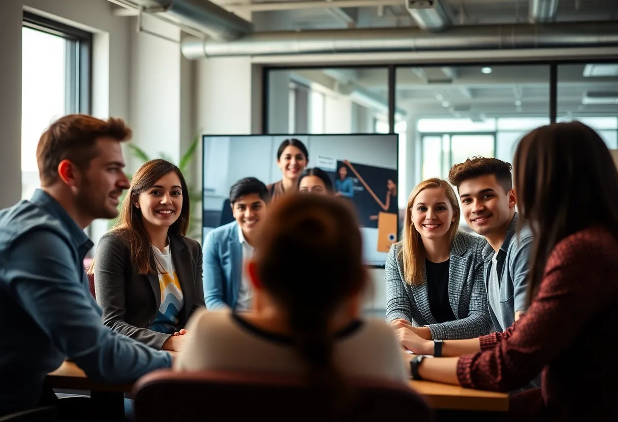 Young Professionals in Stylish Video Conference This image encapsulates a group of young professionals engaging in an animated video conference call within a modern office space. Soft lighting accentuates their expressions and interactions, showcasing teamwork in a digital age. The warm color palette provides a cozy atmosphere, making it relatable for contemporary business settings. The image beautifully highlights the dynamics and connection forged through virtual communication.