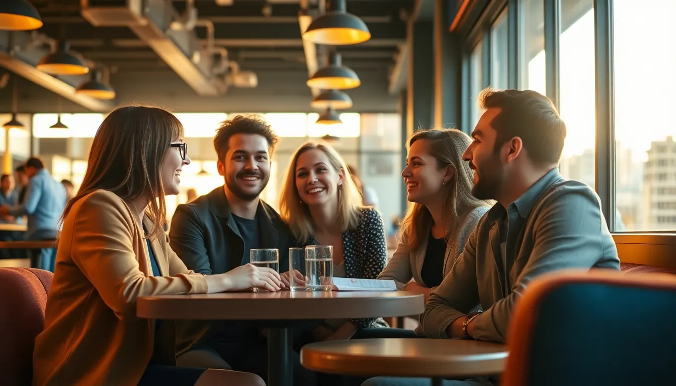 A vibrant group of young professionals engages in an animated discussion at a trendy café, filled with dynamic energy and warmth. Golden hour light frames their faces, emphasizing their expressions and interactions. The inviting textures of the café's wooden tables and soft seating create a cozy backdrop for their collaboration. The cinematic color palette enhances the modern vibe of teamwork in a relaxed setting.