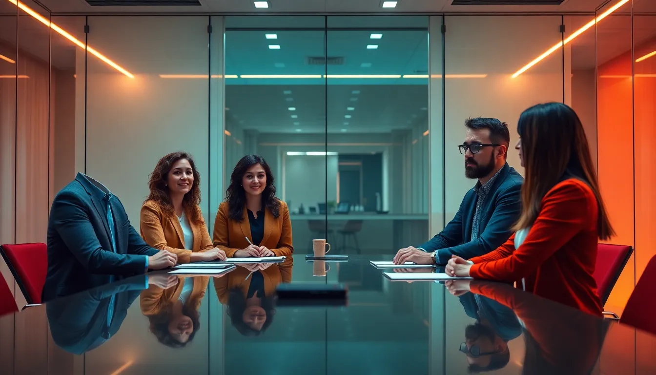 A professional team presents in a modern boardroom, engaging an attentive audience with their project. The lighting and composition create a dynamic atmosphere, emphasizing the collaborative energy in the room. The cinematic color grading adds a contemporary feel to the scene, while the sleek materials reflect a cutting-edge corporate environment. This image captures the essence of teamwork in action during a pivotal business moment.
