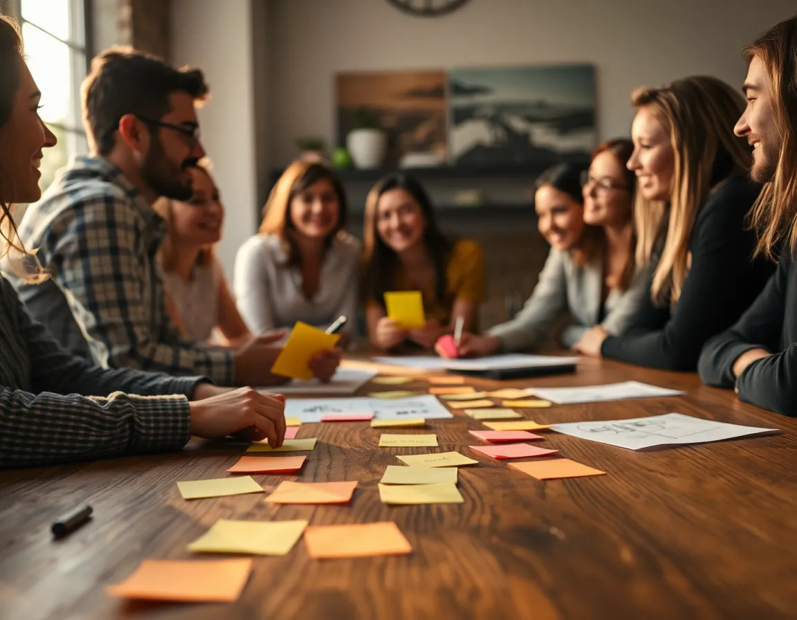 A close-up view captures the essence of a creative brainstorming session among a diverse team. Sticky notes in bright colors and rough sketches spread across a textured wooden table, showcasing different ideas and perspectives. Soft afternoon light enhances the warmth of the scene. The shallow depth of field highlights the vibrant colors, creating a friendly and dynamic atmosphere.