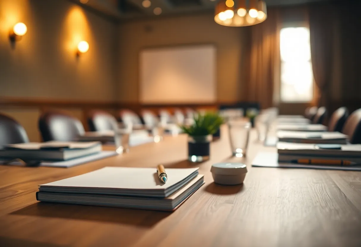 Elegant Table Setting for Corporate Workshop This image showcases a beautifully arranged table setting for a corporate workshop, complete with elegantly placed notebooks, pens, and a fresh plant centerpiece. Warm overhead spotlights create a welcoming atmosphere, highlighting the textures of the materials and casting soft shadows. The delicate focus on the decorative elements against a softly blurred background adds a touch of sophistication, making the scene both professional and inviting.