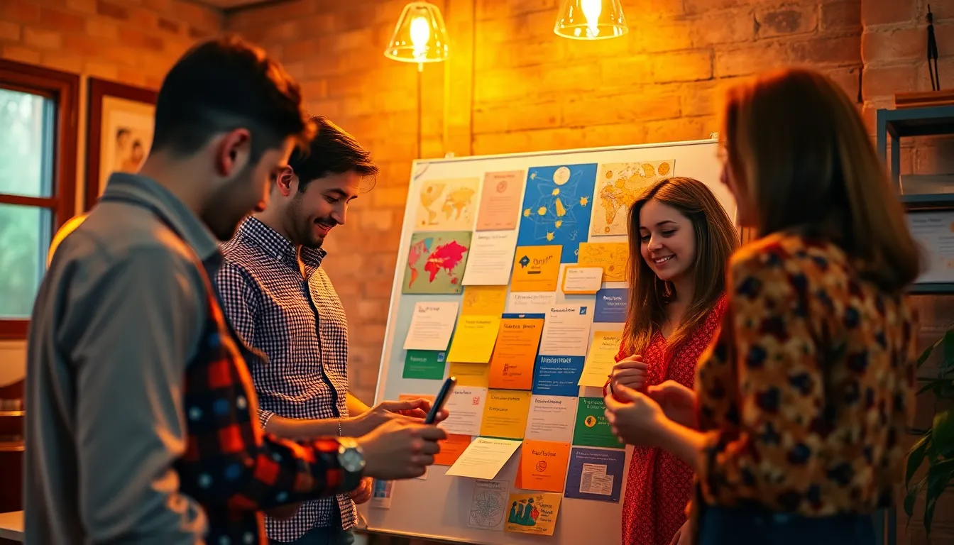 Creative Team Collaboration on Project Board An engaging visual of a creative team collaborating intensely over a project board filled with vibrant ideas and sketches. The warm tungsten light creates an inviting atmosphere, while the saturated colors from the materials enhance the lively energy in the room. The composition draws the viewer's eye along leading lines towards the focal point, showcasing the textures and details that breathe life into their brainstorming session.